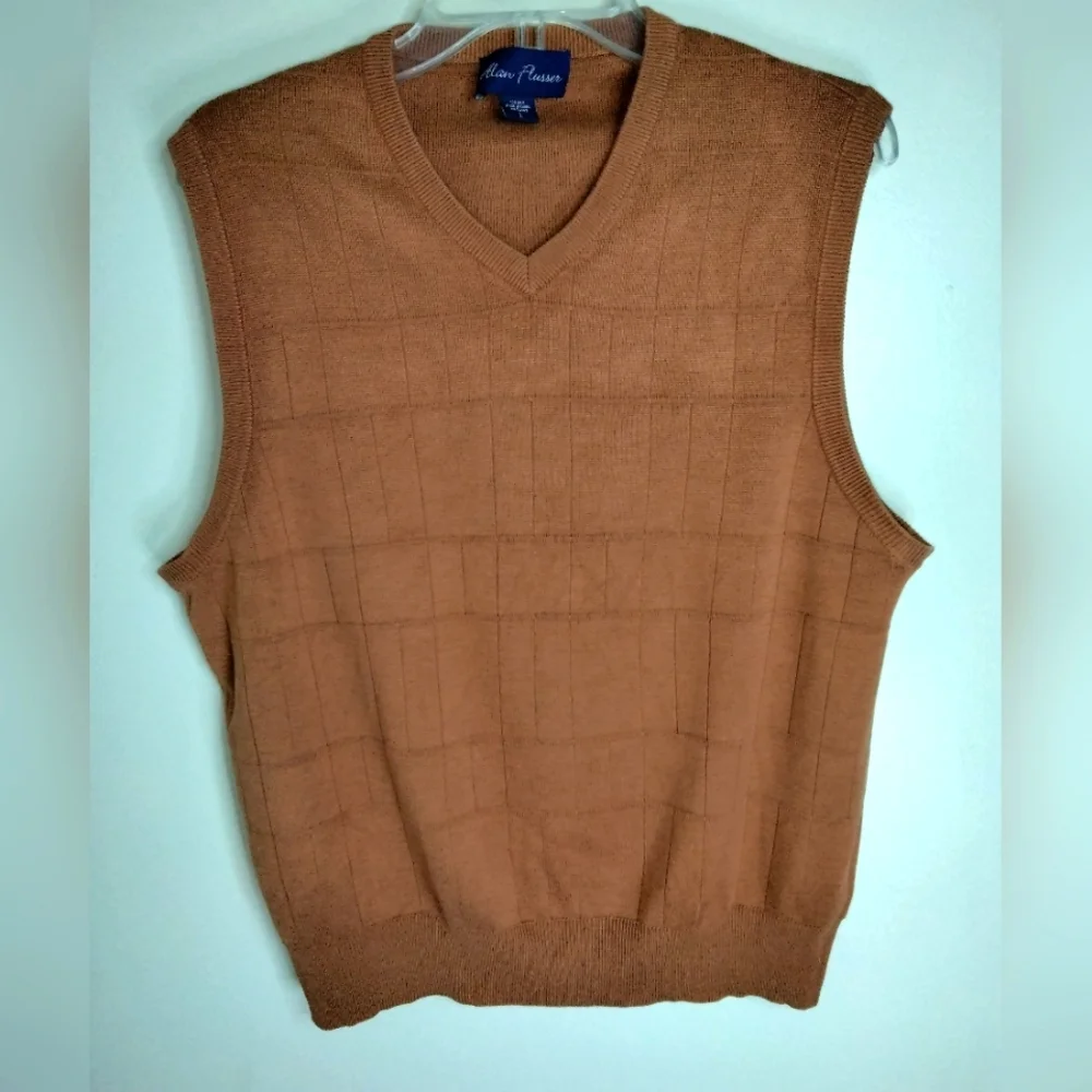 Alan Flusser (Size L) Men's Rust Brown Windowpane V-Neck 100% Silk Sweater Vest